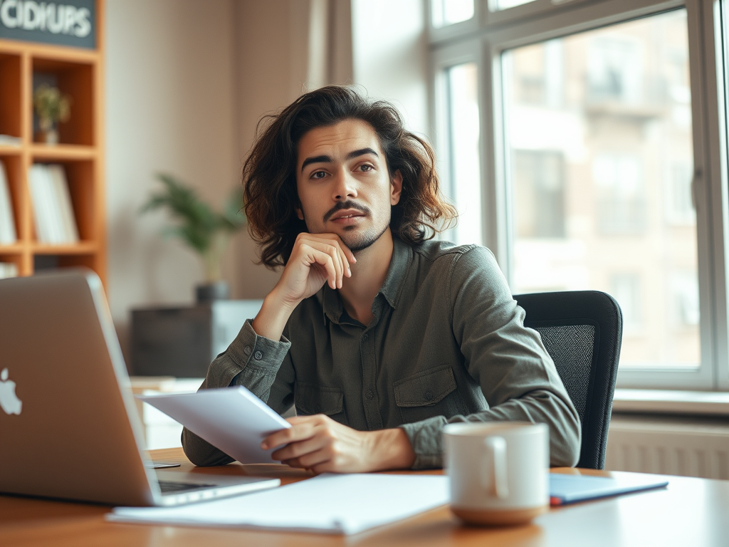 man with long brown hair, with a computer and mug in front of him looking in thought towards the camera