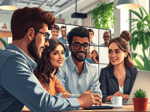 digital art of 4 colleagues around each other with other team members in the screen behind them